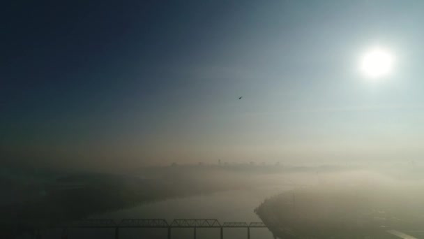 Helicopter Flies Foggy City View General Plan City Dnieper River — Stock Video
