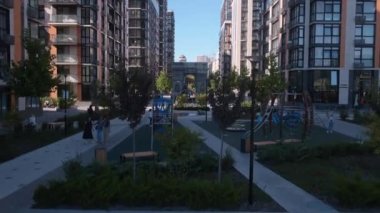 Modern residential area in the center of Kyiv. French Quarter. Elite real estate. Ukraine. Aerial. Summer. 