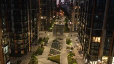 Modern residential area in the center of Kyiv. Night city. Premium real estate. Aerial. Ukraine. 