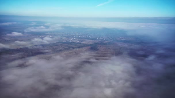 Fog Field Autumn Higher Clouds Aerial Ukraine — Video