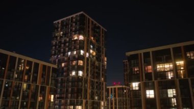 Modern residential area in the center of Kyiv. Night city. Premium real estate. Aerial. Ukraine. 