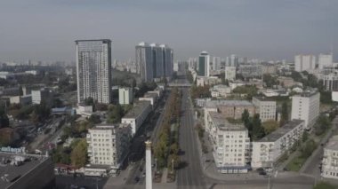 Aerial view of Peremohy Square and cars passing from main road. Kyiv. Ukraine. Summer. 