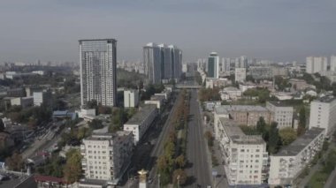 Aerial view of Peremohy Square and cars passing from main road. Kyiv. Ukraine. Summer. 