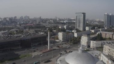 Aerial view of Peremohy Square and cars passing from main road. Kyiv. Ukraine. Summer. 