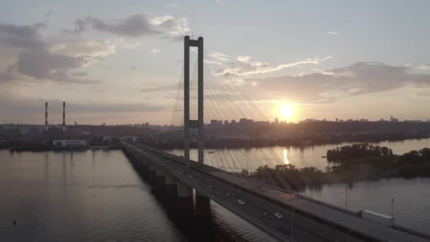 Sunset Dnieper River South Bridge Peak Hour Aerial Kyiv Ukraine — стокове відео