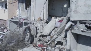 Ruins of house, damaged by shelling, Russian attack. Destruction caused by war in Ukraine, collapsed building.  Mariupol. Aerial.