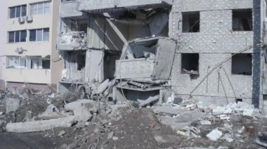 Ruins of house, damaged by shelling, Russian attack. Destruction caused by war in Ukraine, collapsed building.  Mariupol. Aerial.