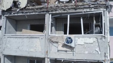 Ruins of house, damaged by shelling, Russian attack. Destruction caused by war in Ukraine, collapsed building.  Mariupol. Aerial.