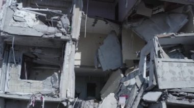 Ruins of house, damaged by shelling, Russian attack. Destruction caused by war in Ukraine, collapsed building.  Mariupol. Aerial.