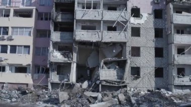 Ruins of house, damaged by shelling, Russian attack. Destruction caused by war in Ukraine, collapsed building.  Mariupol. Aerial.