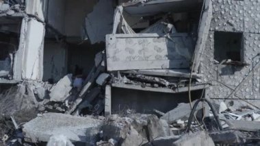 Ruins of house, damaged by shelling, Russian attack. Destruction caused by war in Ukraine, collapsed building.  Buzova. Aerial.