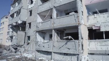 Ruins of house, damaged by shelling, Russian attack. Destruction caused by war in Ukraine, collapsed building.  Buzova. Aerial.