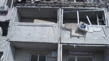 Ruins of house, damaged by shelling, Russian attack. Destruction caused by war in Ukraine, collapsed building.  Buzova. Aerial.