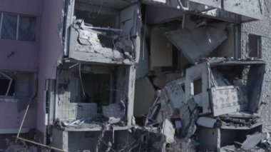 Ruins of house, damaged by shelling, Russian attack. Destruction caused by war in Ukraine, collapsed building.  Buzova. Aerial.