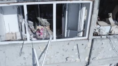 Ruins of house, damaged by shelling, Russian attack. Destruction caused by war in Ukraine, collapsed building.  Buzova. Aerial.
