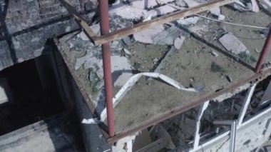 Ruins of house, damaged by shelling, Russian attack. Destruction caused by war in Ukraine, collapsed building.  Buzova. Aerial.