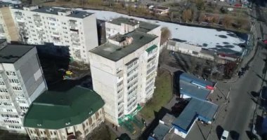 Ruins of house, damaged by shelling, Russian attack. Destruction caused by war in Ukraine, collapsed building.  Borodyanka. Aerial.
