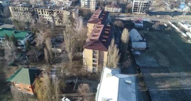 Ruins of house, damaged by shelling, Russian attack. Destruction caused by war in Ukraine, collapsed building.  Borodyanka. Aerial.