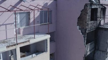 Ruins of house, damaged by shelling, Russian attack. Destruction caused by war in Ukraine, collapsed building.  Bakhmut. Aerial.