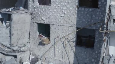 Ruins of house, damaged by shelling, Russian attack. Destruction caused by war in Ukraine, collapsed building.  Bakhmut. Aerial.