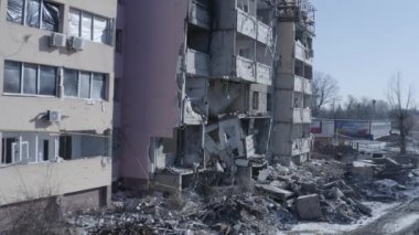 Ruins of house, damaged by shelling, Russian attack. Destruction caused by war in Ukraine, collapsed building.  Bakhmut. Aerial.