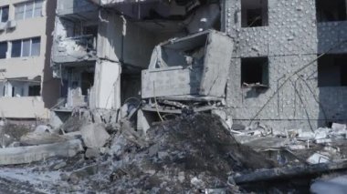 Ruins of house, damaged by shelling, Russian attack. Destruction caused by war in Ukraine, collapsed building.  Bakhmut. Aerial.