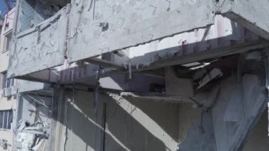Ruins of house, damaged by shelling, Russian attack. Destruction caused by war in Ukraine, collapsed building.  Bakhmut. Aerial.