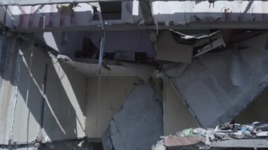 Ruins of house, damaged by shelling, Russian attack. Destruction caused by war in Ukraine, collapsed building.  Bakhmut. Aerial.