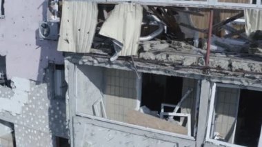 Ruins of house, damaged by shelling, Russian attack. Destruction caused by war in Ukraine, collapsed building.  Bakhmut. Aerial.