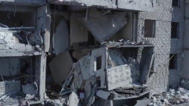 Ruins of house, damaged by shelling, Russian attack. Destruction caused by war in Ukraine, collapsed building.  Bakhmut. Aerial.