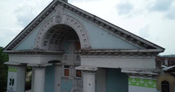 Palace Culture Devastated Exterior House Culture Irpin Aerial Ukraine War — Stock Video