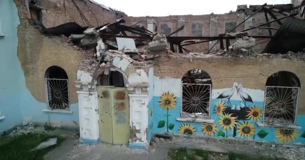 Palace Culture Devastated Exterior House Culture Irpin Aerial Ukraine War — Stock Video