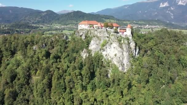 Antena Zamku Blejski Lub Blejski Grad Słowenii Jeziorem Bled Pierwszym — Wideo stockowe