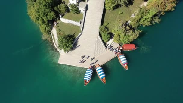 Gölün Ortasındaki Mary Varsayımı Kilisesi Bled Slovenya Havadan Yaz Nsansız — Stok video