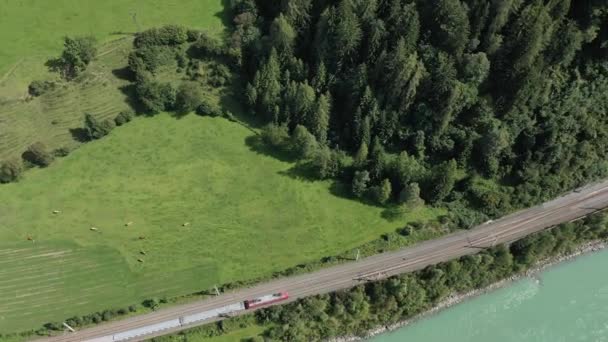 在奥地利维尔芬市 一列火车沿着铁轨行驶 绿地和Salzach河空中 奥地利 — 图库视频影像