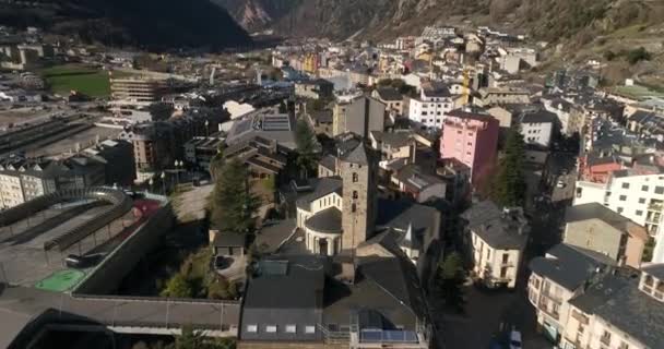 Andorra Vella Andorra Winter Kerk Van Saint Esteve Luchtfoto Pyreneeën — Stockvideo