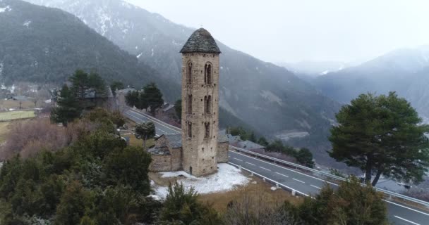 Chiesa Romanica Sant Miquel Engolasters Andorra Inverno Aerea — Video Stock