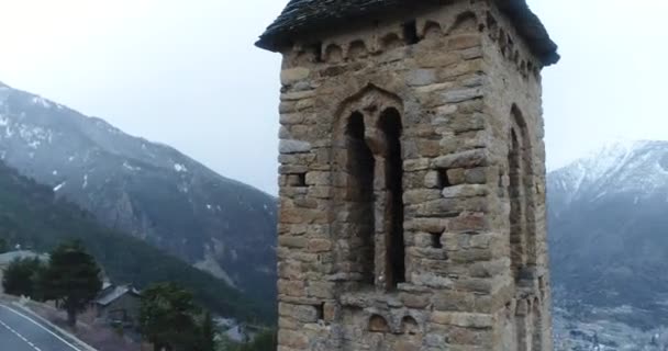 Romaanse Kerk Sant Miquel Engolasters Andorra Winter Luchtfoto — Stockvideo
