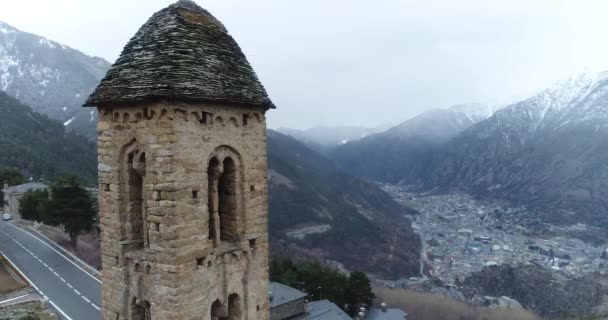Andorra Daki Romen Kilisesi Sant Miquel Engolasters Kış Havadan — Stok video