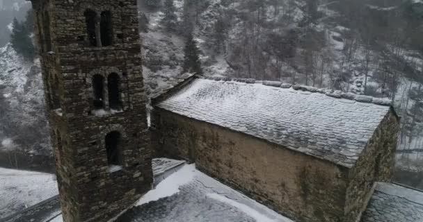 Chiesa Sant Joan Caselles Andorra Inverno Aerea — Video Stock