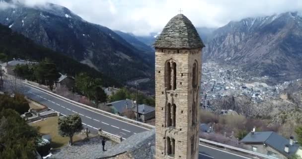 Romaanse Kerk Sant Miquel Engolasters Andorra Winter Luchtfoto — Stockvideo