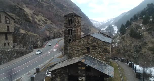 Igreja Sant Joan Caselles Andorra Inverno Aviação — Vídeo de Stock