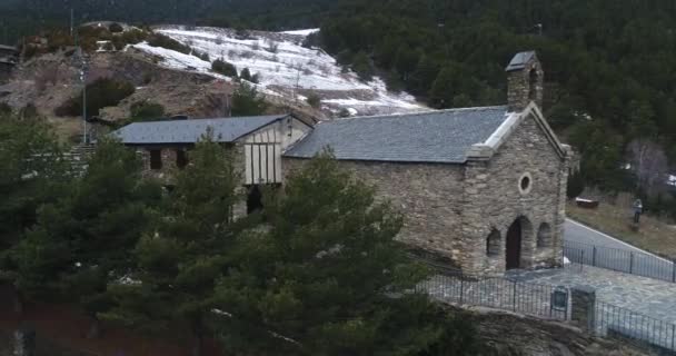 Igreja Românica Santuario Canlich Andorra Aéreo Inverno — Vídeo de Stock