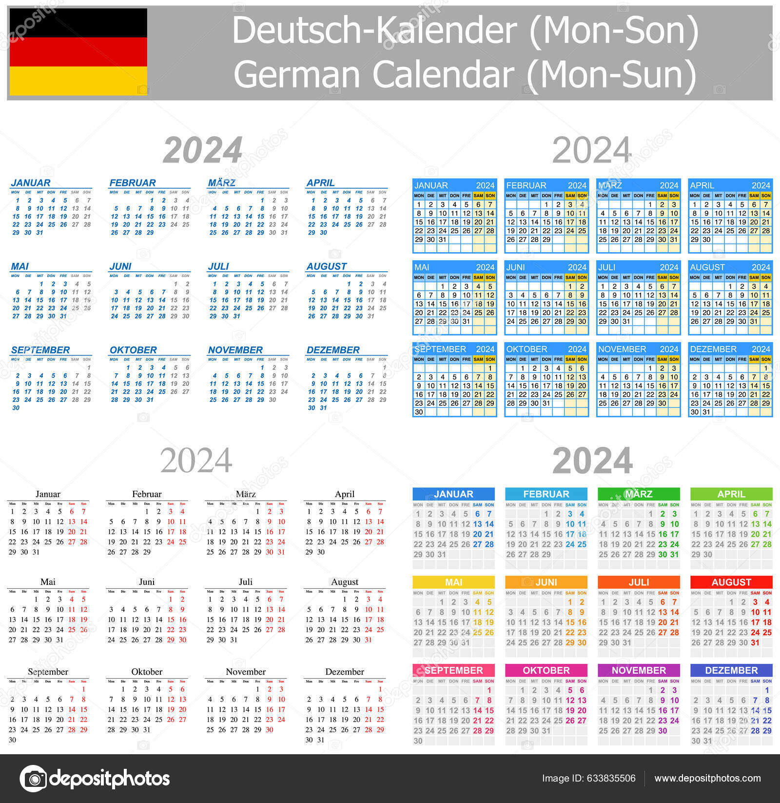 2024 German Mix Calendar Mon Sun White Background Stock Vector Image by