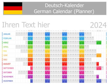 Beyaz arkaplanda Yatay Aylarla 2024 Alman Planlayıcı Takvimi