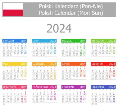 Beyaz arkaplanda 2024 Polonya Tip-1 Takvimi Mon-Sun