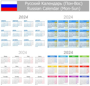 Beyaz arkaplanda Rus Karışık Takvimi Mon-Sun 2024