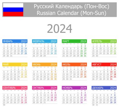 Beyaz arkaplanda 2024 Rus Tip-1 Takvimi Mon-Sun