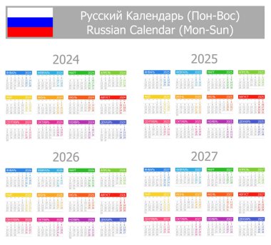 2024-2027 Rus Tip-1 Takvimi Beyaz zemin üzerinde Mon-Sun