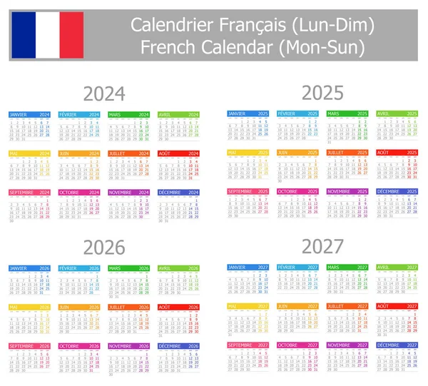 stock vector 2024-2027 French Type-1 Calendar Mon-Sun on white background